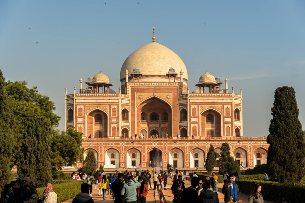 Tourists visit Humayun's tomb Delhi on a golden triangle tour