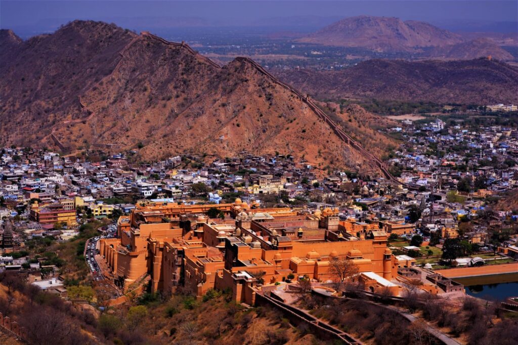 Aerial view of Jaipur Rajasthan showcasing the Pink City's palaces and forts from above