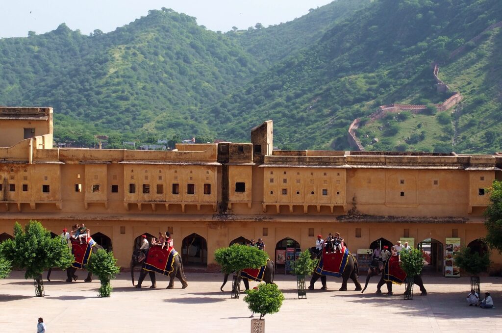 Elephant ride at Amber Fort Jaipur with tourists experiencing royal heritage tour