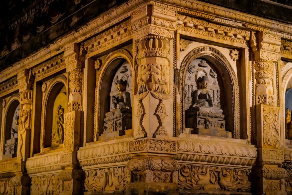 The intricate architecture inside the sacred Mahabodhi Temple, Bodhgaya, India.
