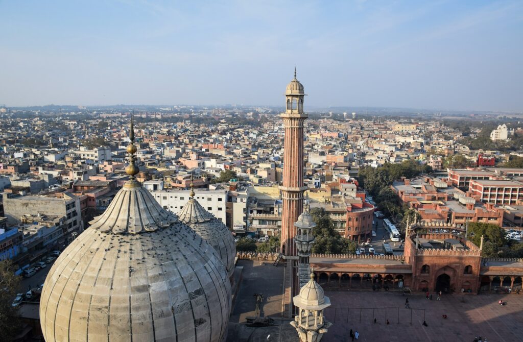 View of old Delhi from Jama Masjid showing historic capital city of Mughal India for Delhi travel planning