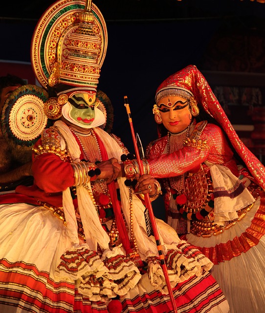 A Kathakali performer with elaborate makeup and colorful costume during a traditional dance show in Kochi.