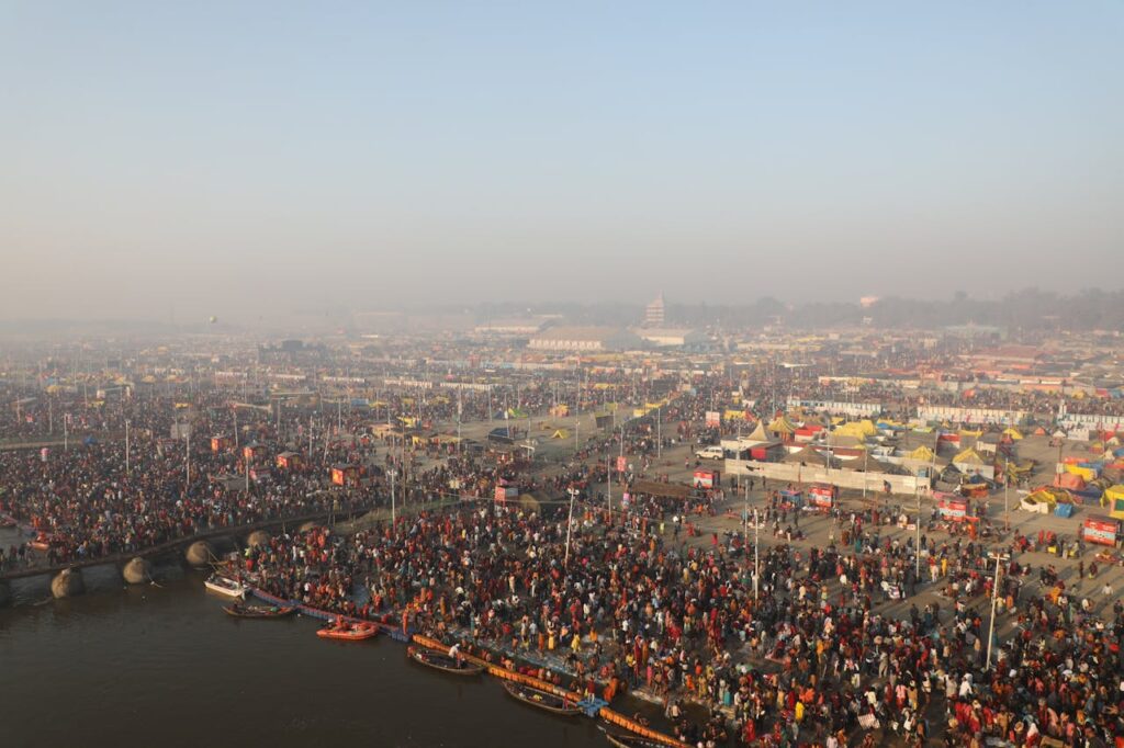 Aerial or boat view of the Triveni Sangam, the sacred confluence of rivers in Prayagraj (Allahabad).