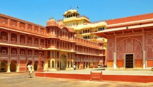 Courtyard of the City Palace complex in Jaipur, showcasing Rajput and Mughal architecture.