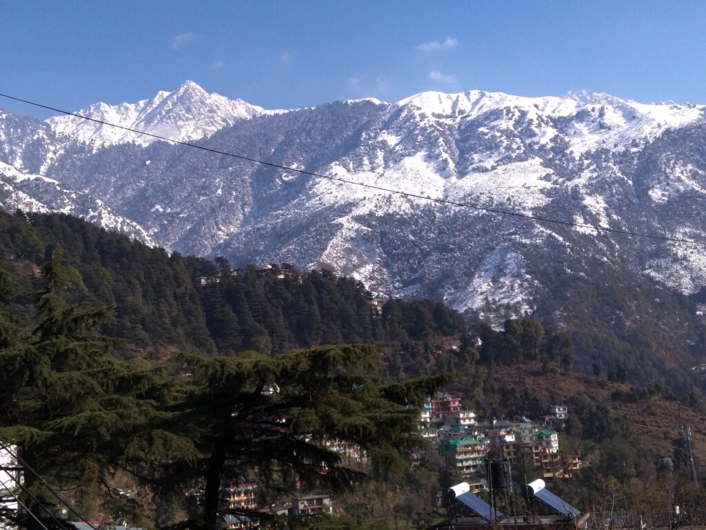 Snowy mountains under clear blue sky