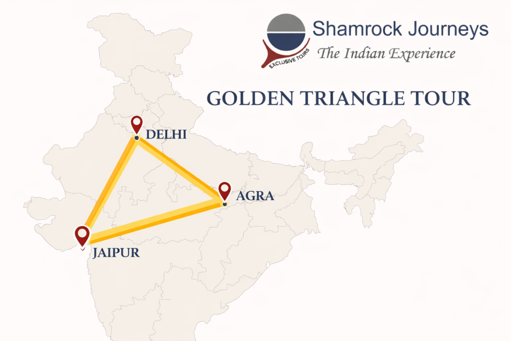 Map showing the classic Golden Triangle India tour route connecting Delhi, Agra, and Jaipur.