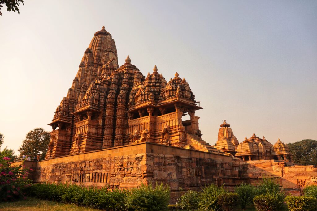 Intricate stone carvings and sculptures on the ancient Kandariya Mahadeva Temple at the UNESCO World Heritage Site of Khajuraho.