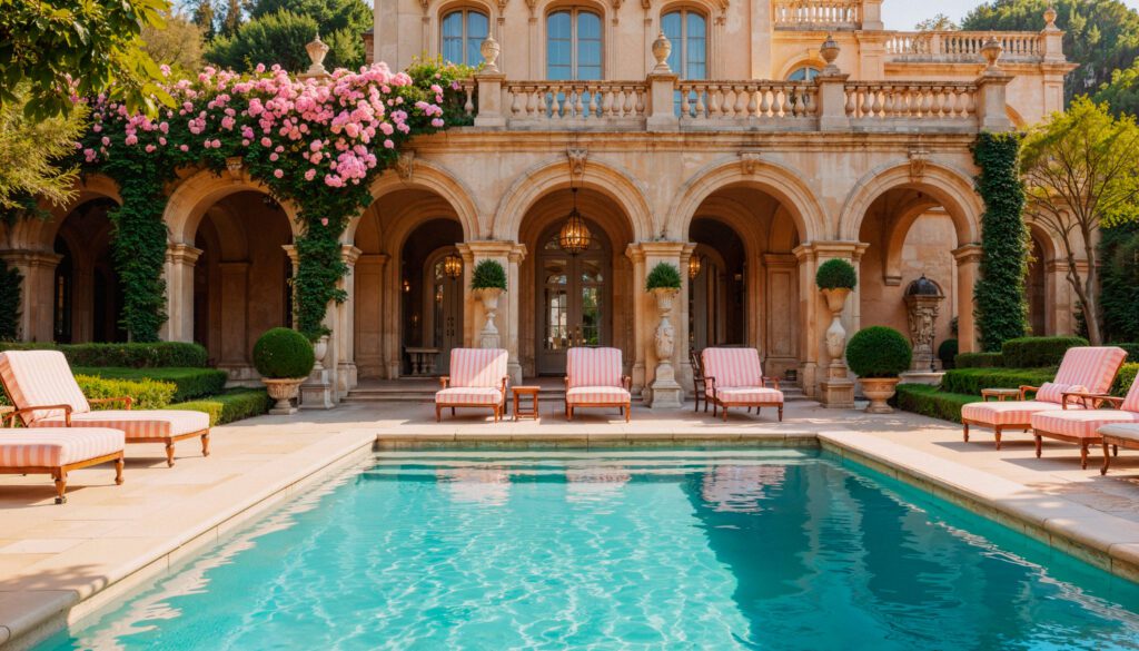 Elegant mansion with pool and flowers