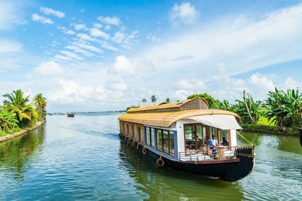 Traditional Kerala houseboat sailing through serene palm-fringed backwaters - relaxing South India tour experience.