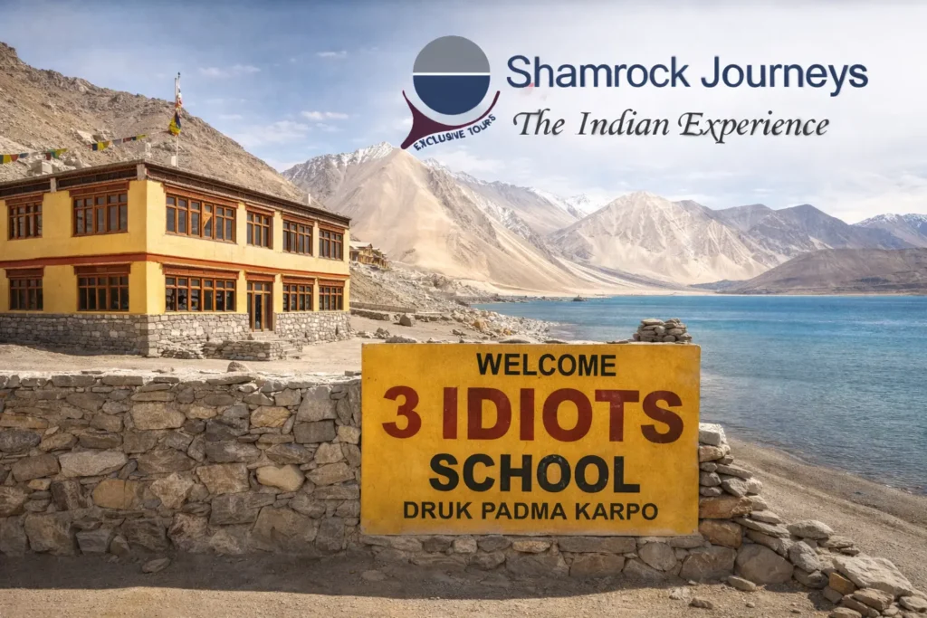 The famous 3 Idiots School building at Pangong Lake, a key stop on a Ladakh tour itinerary