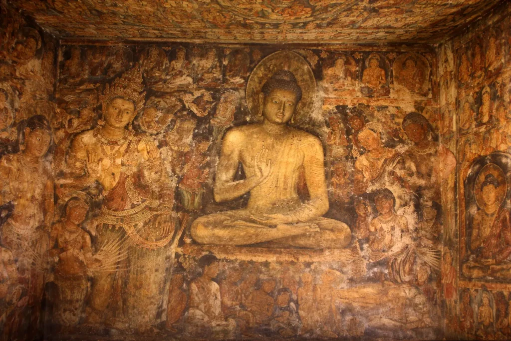 Ancient Buddhist mural paintings inside Ajanta Caves, Maharashtra, India