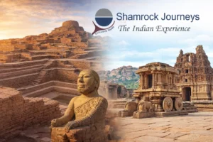 Ancient stone ruins and intricate carvings at the Indus Valley site of Mohenjo-Daro and the medieval city of Hampi, Karnataka