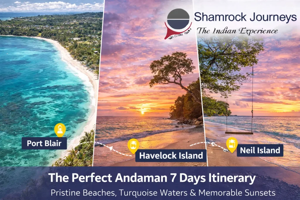 Discover the perfect Andaman 7 days itinerary covering Port Blair, Havelock Island & Neil Island with Shamrock Journeys.