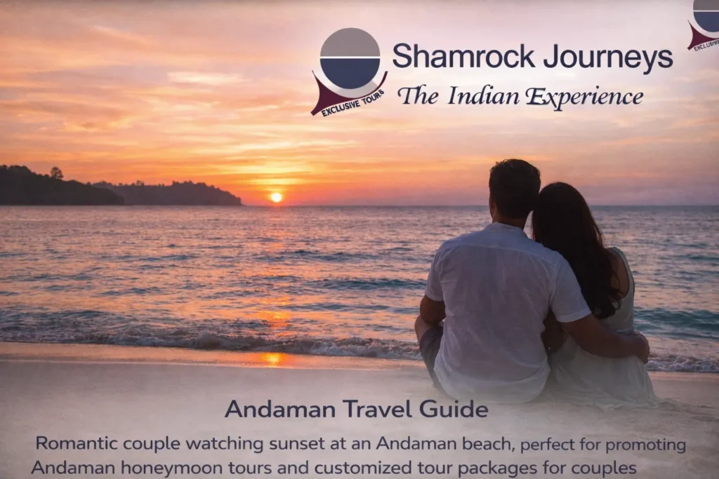 Romantic couple watching sunset on Radhanagar Beach, featured in our Andaman honeymoon packages for an unforgettable escape.