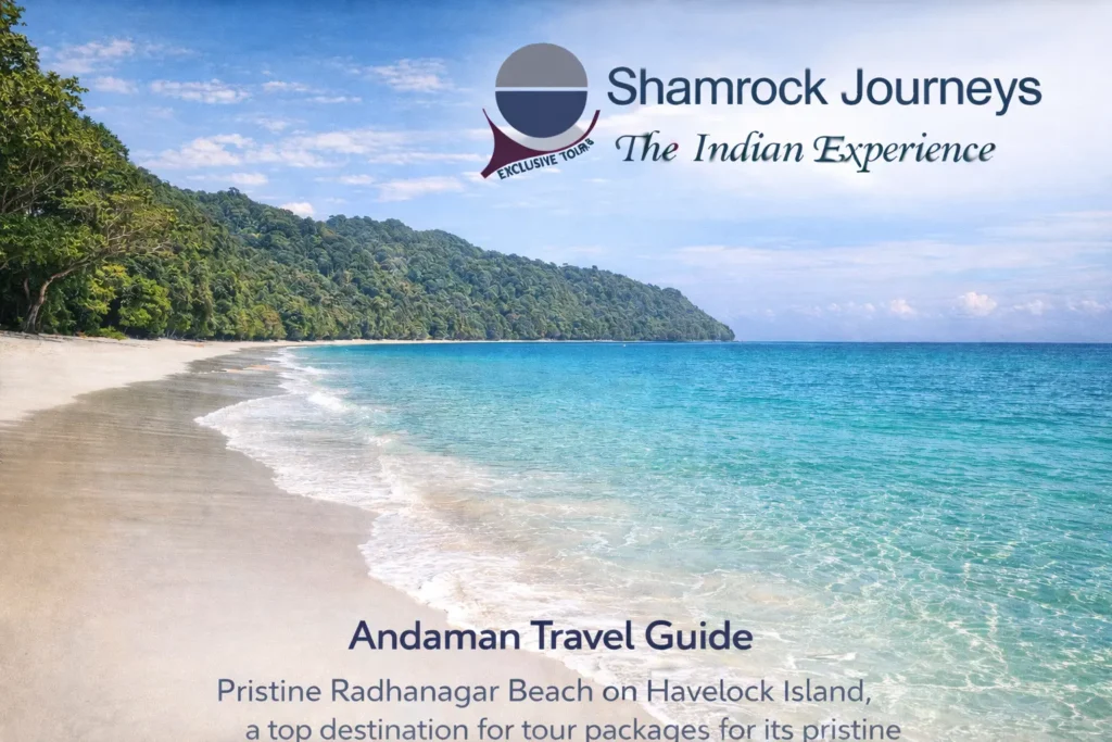 Scenic view of Radhanagar Beach on Havelock Island, a top destination in Andaman tour packages for its pristine white sand and turquoise waters