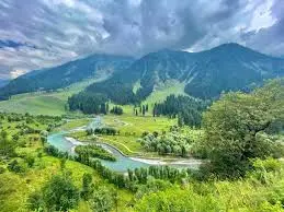 Lush green Betaab Valley landscape near Pahalgam with Lidder River