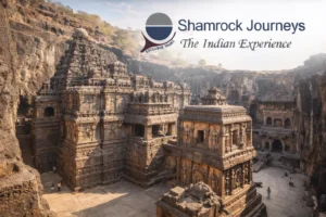 The massive Kailasa Temple, a monolithic structure carved from a single rock at the Ellora Caves in Maharashtra.