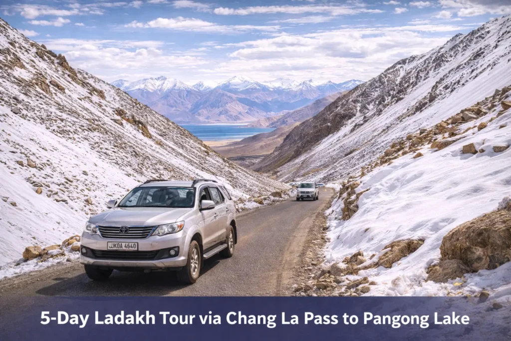 Scenic drive on the high-altitude Chang La Pass en route to Pangong Lake on a 5-day Ladakh tour.