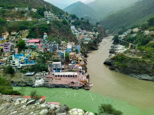The sacred confluence (Sangam) of the Alaknanda and Bhagirathi rivers at Devprayag, where they merge to form the holy Ganges.