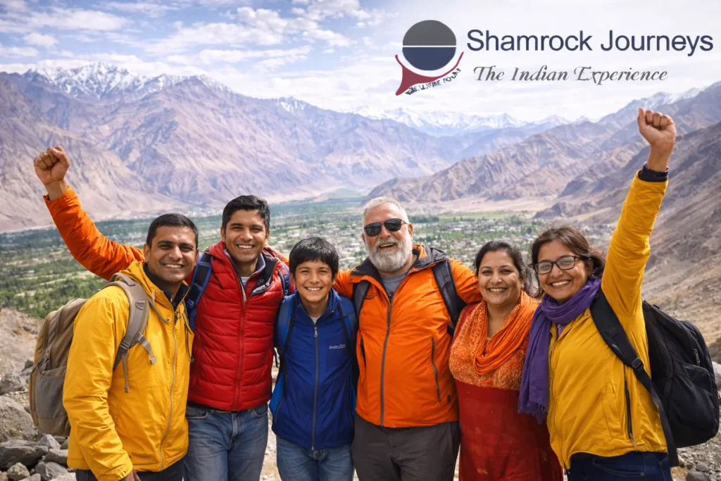 Happy travelers group on a trip through the scenic landscapes of Kashmir-Ladakh.
