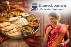 A traditional Indian thali meal with various curries and breads, and a woman draping a colorful silk Kanchipuram saree.