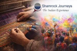 Artisan hands weaving a fine Pashmina shawl in Kashmir and vibrant Holi festival colors filling the air
