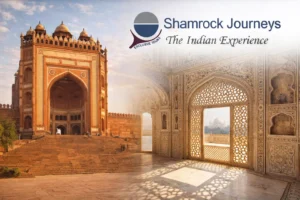 The grand Buland Darwaza gateway at Fatehpur Sikri and detailed marble jali (lattice) work at Agra Fort, showcasing Mughal architecture.