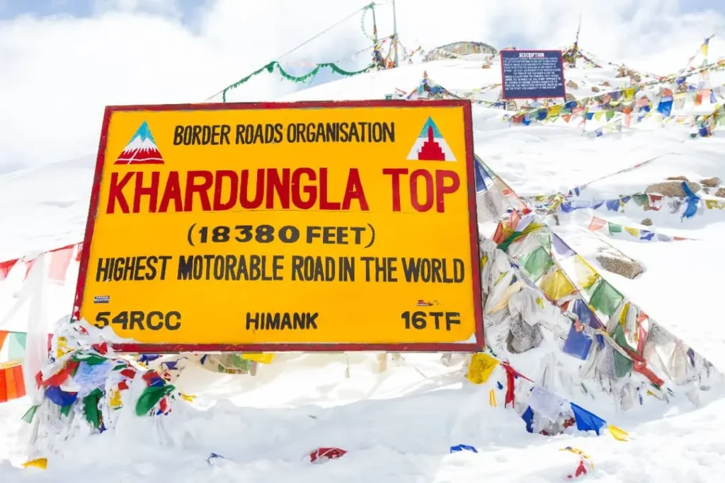 Scenic drive on the winding Khardung La pass, world's highest motorable road, in Ladakh.