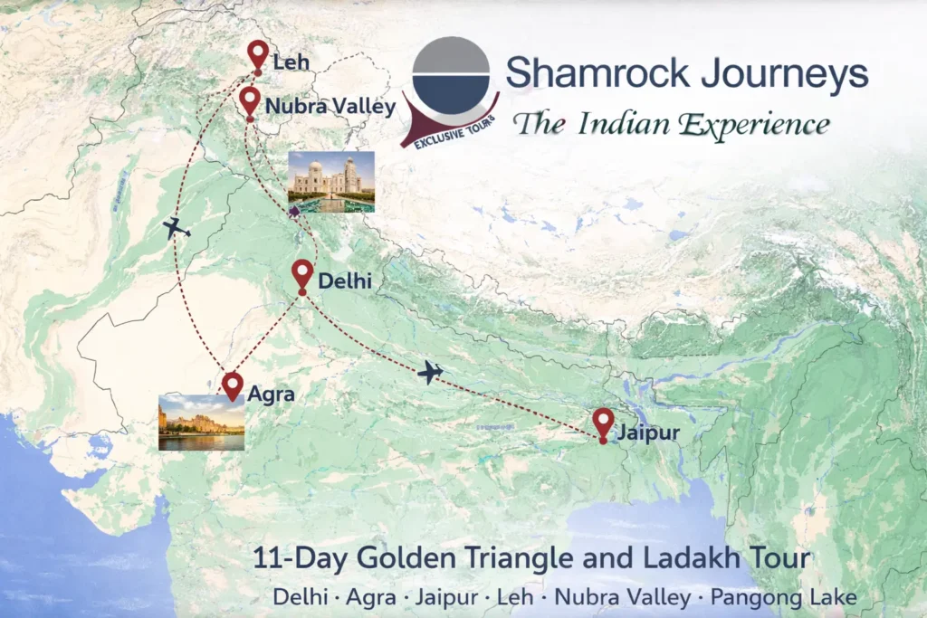 Route map for an 11-day tour package covering India's Golden Triangle (Delhi, Agra, Jaipur) and Ladakh (Leh, Nubra Valley, Pangong Lake).
