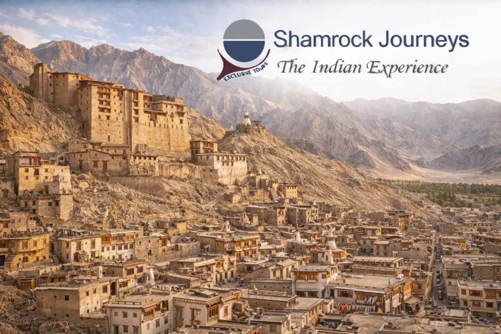 View of the historic Leh Palace overlooking the city during a 5-day Ladakh tour, showcasing Tibetan architecture