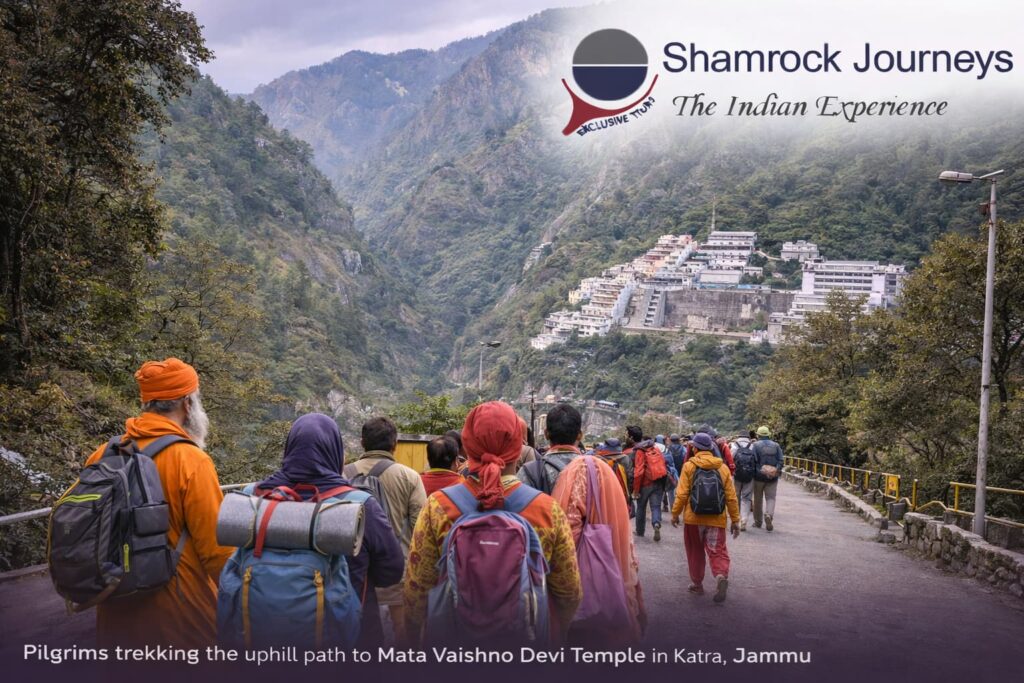 Pilgrims trekking the uphill path to Mata Vaishno Devi Temple in Katra, Jammu