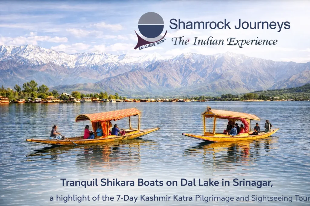 Tranquil Shikara boats on Dal Lake in Srinagar, a highlight of the 7-day Kashmir Katra pilgrimage and sightseeing tour