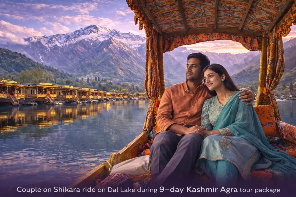 Honeymoon Couple on Shikara ride on Dal Lake during 9-day Kashmir Agra tour package