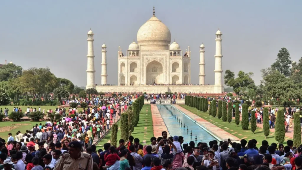 Iconic Taj Mahal mausoleum in Agra, marble architecture and gardens