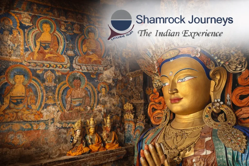 Ancient Buddhist murals and statues inside Thiksey Monastery on a Leh Pangong Lake cultural tour.