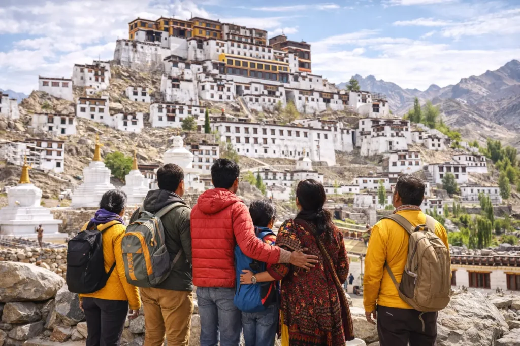 Group visiting the ancient Thiksey Monastery during a cultural Leh-Ladakh tour