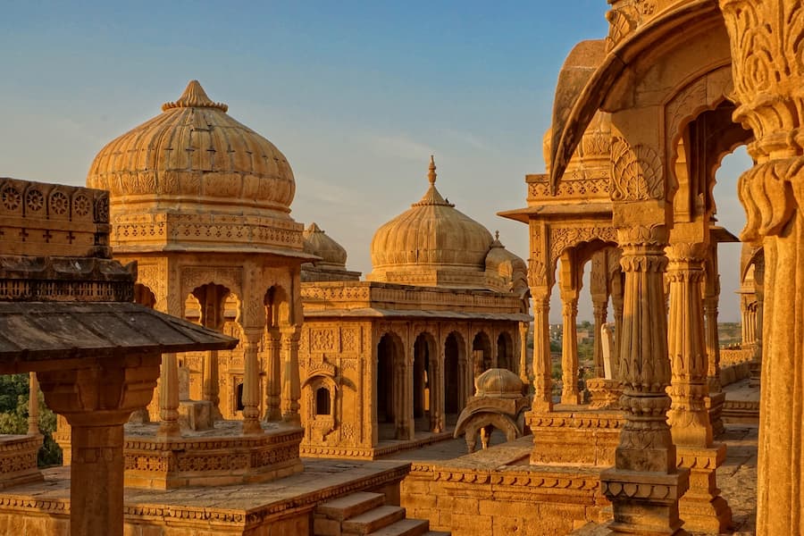 Royal cenotaphs at Bada Bagh, Jaisalmer, set against panoramic desert views