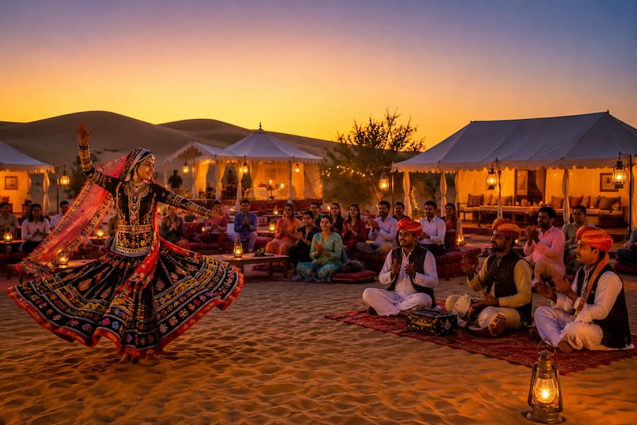 Traditional desert camp at Sam Sand Dunes with cultural performances under the stars
