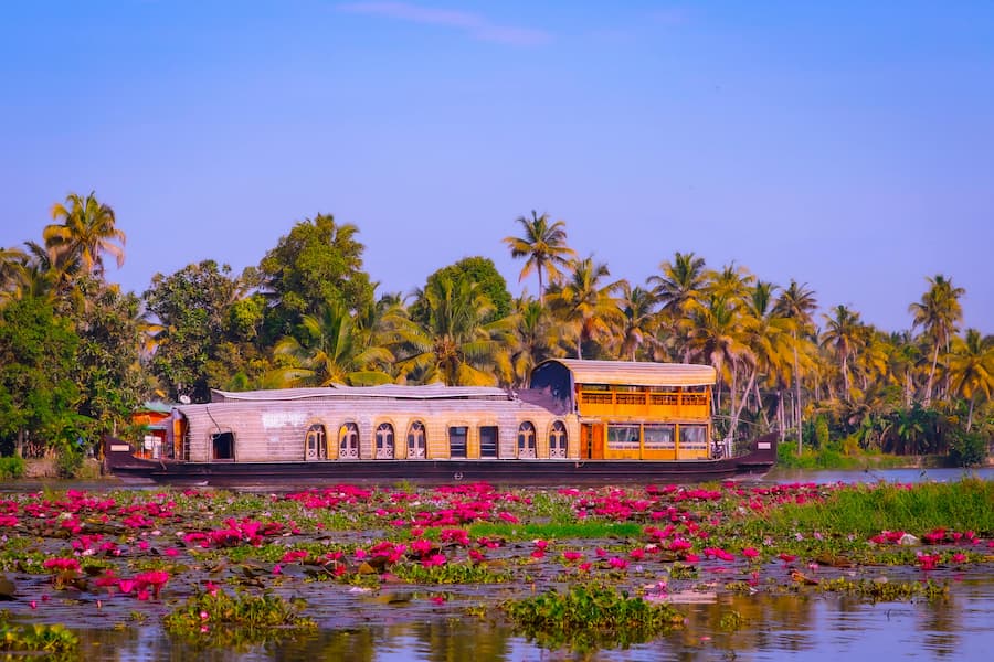 Couple on a private houseboat cruising Kerala's tranquil backwaters, a romantic honeymoon experience