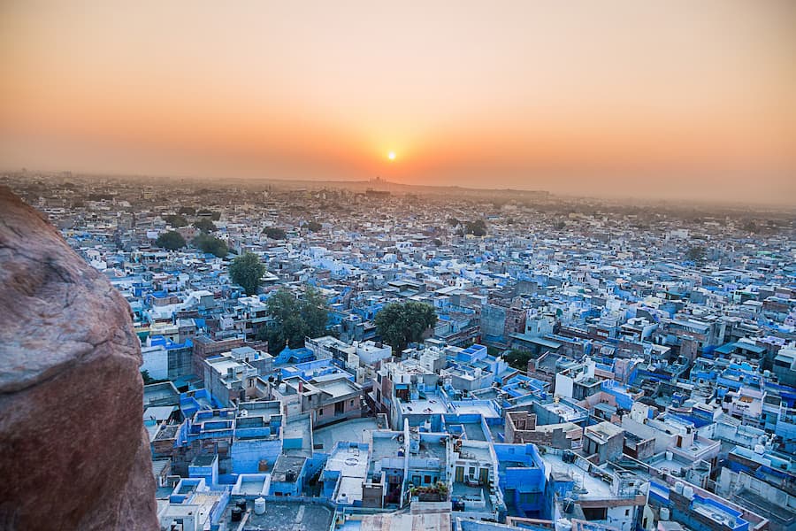 Mehrangarh Fort towering over the blue-walled streets of Jodhpur, Rajasthan
