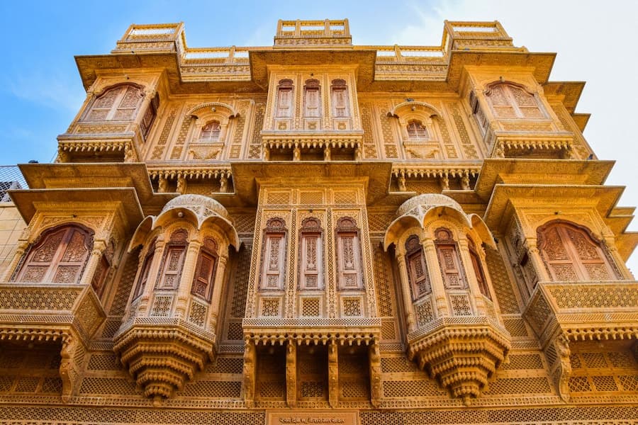 Intricate sandstone carvings on the havelis of Patwon Ki Haveli, Jaisalmer