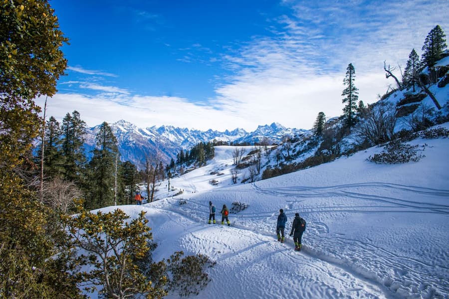 Trekkers on the Pinnath trail near Kausani, leading to a scenic Himalayan viewpoint