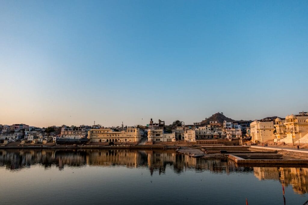 Pushkar Lake surrounded by sacred ghats, where pilgrims take a holy dip