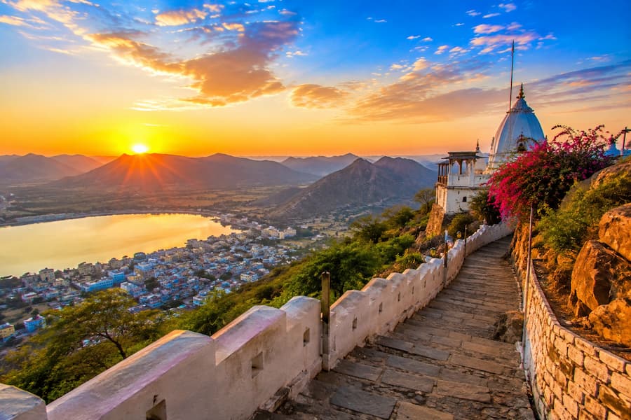 Savitri Temple in Pushkar, reached by a hilltop trek with spectacular sunrise views