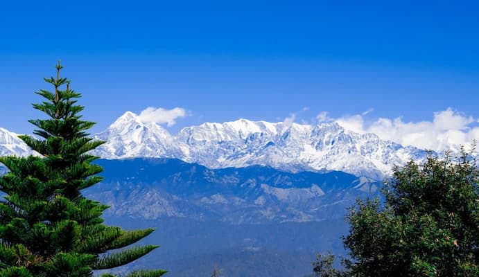 Snow-capped Himalayan peaks seen from Kausani, Uttarakhand, India