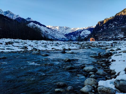 Kullu Valley with the Beas River and snow peaks on the way to Manali, Himachal, India