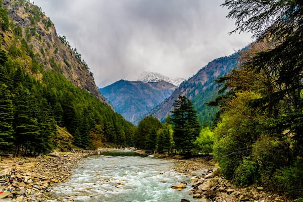 Kullu Valley with the Beas River and snow peaks on the way to Manali, Himachal Pradesh